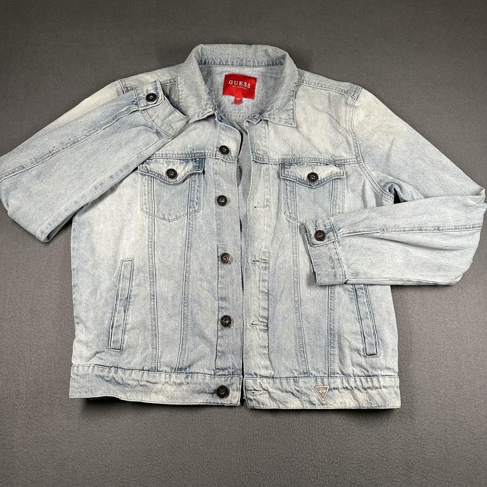 Guess Denim Jacket Mens Large Blue‎ Light Wash Button Front Pockets JMLXN1R0LF0